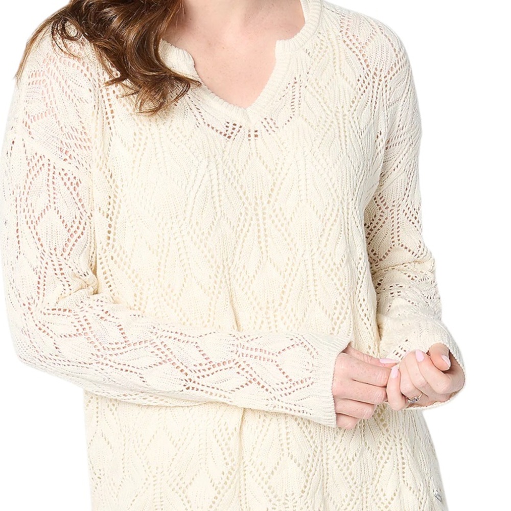 Peace Love World Cream V-Neck Sweater with Intricate Knit